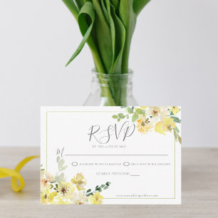Cartão RSVP Casamento de Verão Verde de Sage Floral Amarelo De