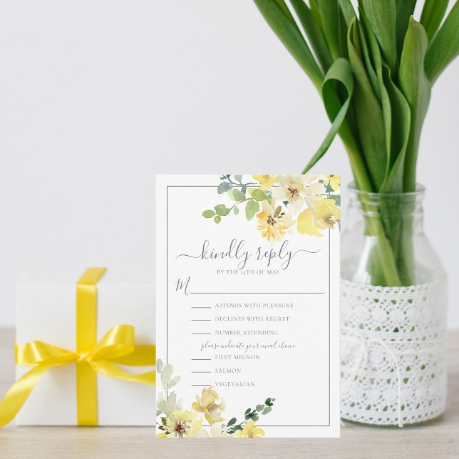 Cartão RSVP Casamento de Verão Verde de Sage Floral Amarelo De (Criador carregado)