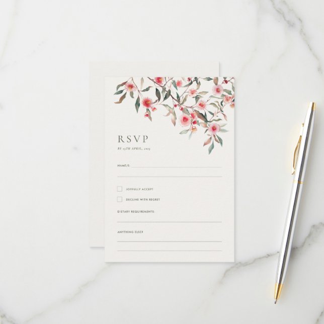 Cartão RSVP Casamento de Verde de Eucalipto e Flores Rosas (Frente/Verso In Situ)