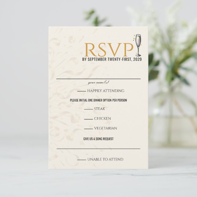 Cartão RSVP Casamento de Vésperas de ano novo Dourada e negra (Em pé/Frente)