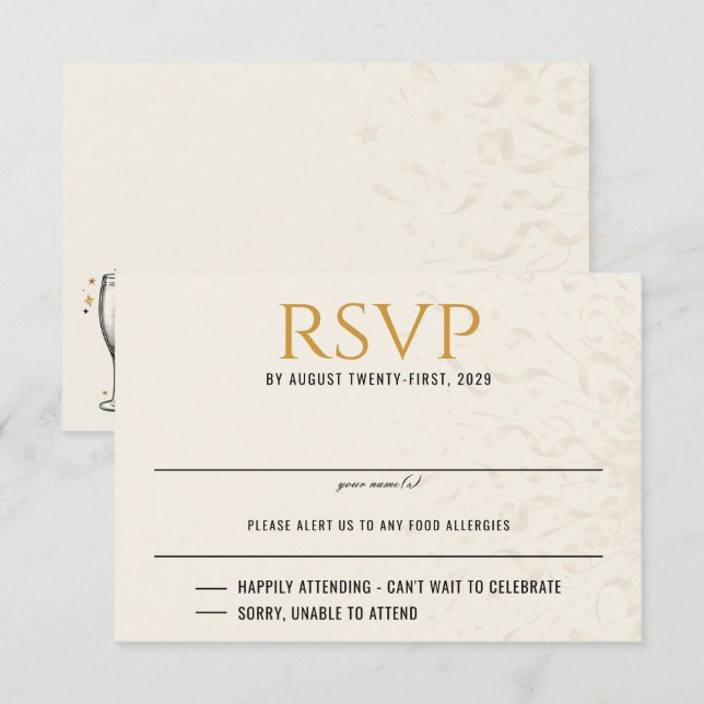 Cartão RSVP Casamento de Vésperas de ano novo Dourada e negra (Frente/Verso)