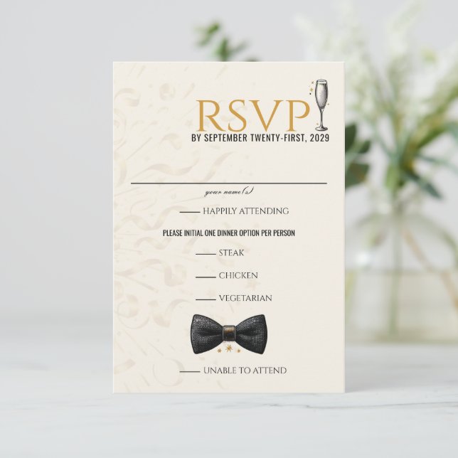 Cartão RSVP Casamento de Vésperas de ano novo Dourada e negra (Em pé/Frente)