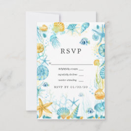 Cartão RSVP Casamento de Vida no Mar Azul e Amarelo