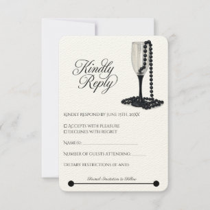 Cartão RSVP Casamento de Vidro de Champanhe de Pérolas Pretas 