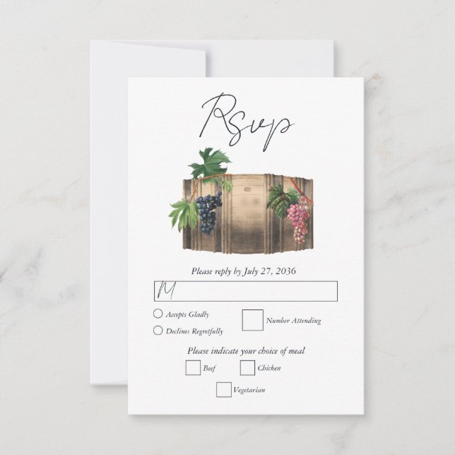 Cartão RSVP Casamento de vinhas de barril de vinho russo (Frente)