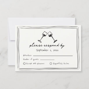 Cartão RSVP Casamento de Vinho Desenho à Mão Preto e Branco Ca