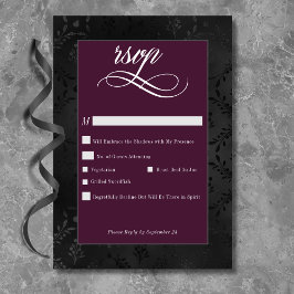 Cartão RSVP Casamento de Vinho Satin Damask Negro Negro Escuro