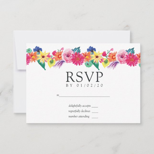 Cartão RSVP Casamento de Watercolor Floral Fiesta (Frente)
