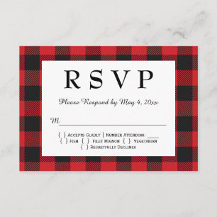 Cartão RSVP Casamento de Xadrez de Buffalo Negro Vermelho