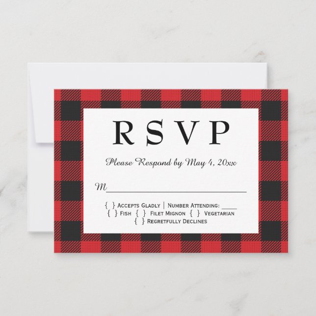 Cartão RSVP Casamento de Xadrez Red Black Buffalo (Frente)