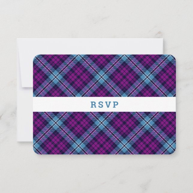 Cartão RSVP Casamento de Xadrezes de Tartan Escocês Roxo Azul (Frente)