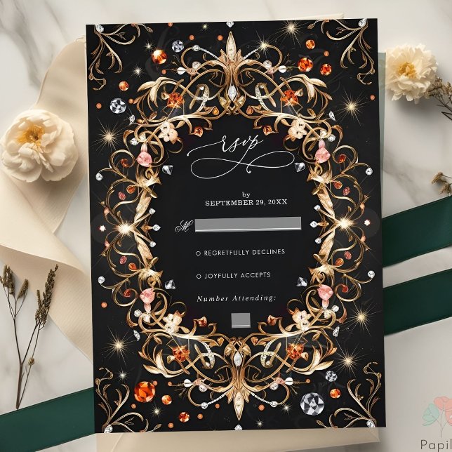 Cartão RSVP Casamento Decorrido por Joias Negras Elegantes (Criador carregado)