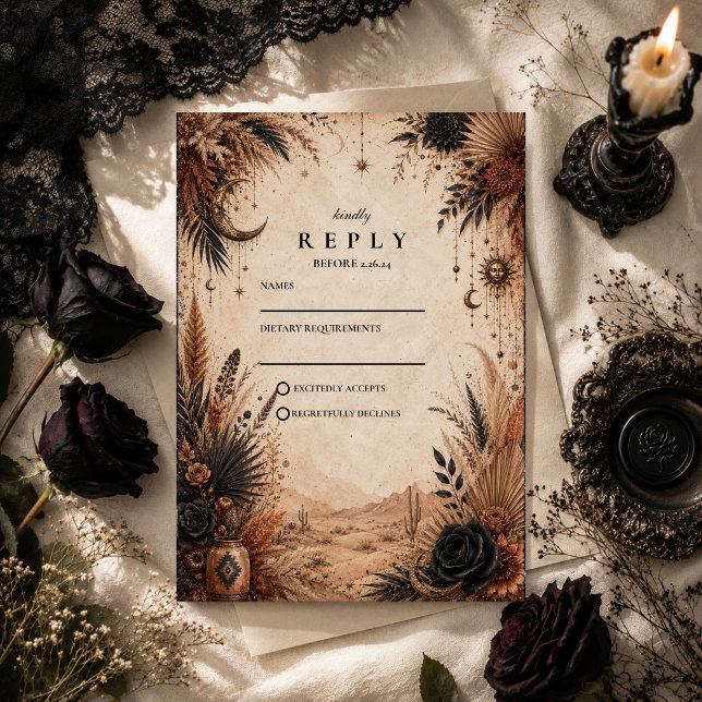 Cartão RSVP Casamento Deserto Boho Góthico (Criador carregado)