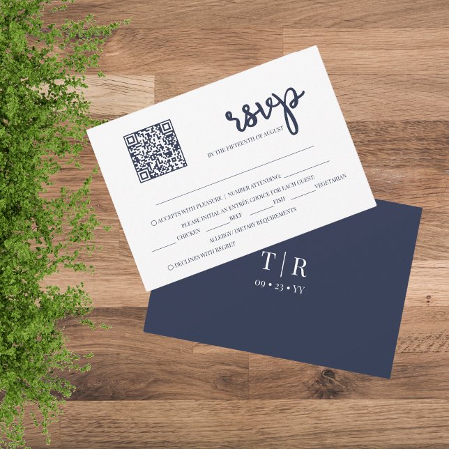 Cartão RSVP Casamento do Código QR Azul do Marinho Moderno (Criador carregado)