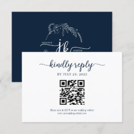 Cartão RSVP Casamento do Código QR com Monograma Floral Azul d
