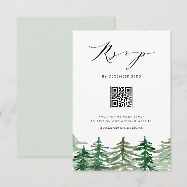 Cartão RSVP Casamento do Código QR da Floresta de Aquarela (Frente/Verso)