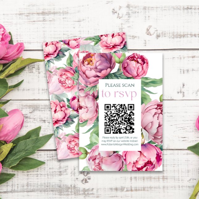Cartão RSVP Casamento do CÓDIGO QR de Peônias Rosa-Blush (Criador carregado)