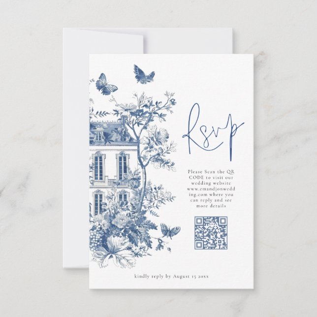 Cartão RSVP Casamento do Código QR de Toile De Jouy Azul Elega (Frente)