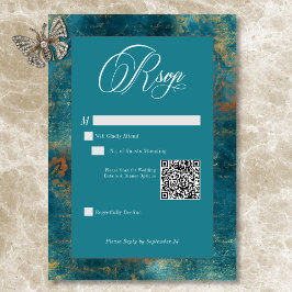 Cartão RSVP Casamento do Código QR do Dourado Damasco com Teal