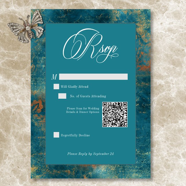 Cartão RSVP Casamento do Código QR do Dourado Damasco com Teal (Gothic Antique Teal Gold Damask QR Code Wedding RSVP Card)
