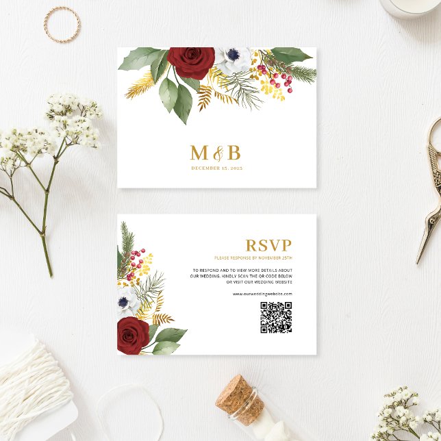 Cartão RSVP Casamento do Código QR do Monograma Floral Dourado (Criador carregado)