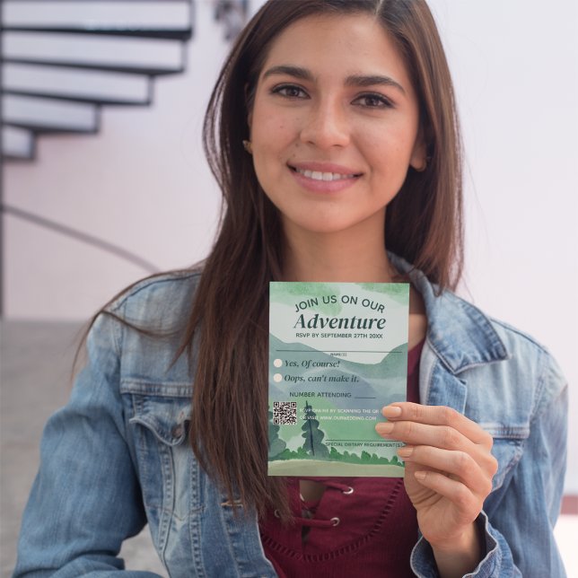 Cartão RSVP Casamento do Código QR do Pine Montanha Emerald Gr (Criador carregado)