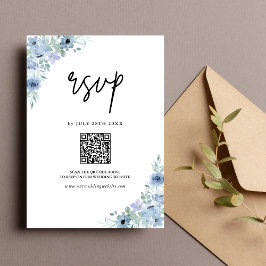 Cartão RSVP Casamento do Código QR Floral Azul Elegante