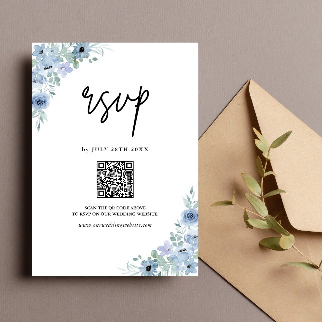 Cartão RSVP Casamento do Código QR Floral Azul Elegante (Criador carregado)