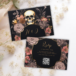 Cartão RSVP Casamento do Código QR Floral do Crânio Gótico