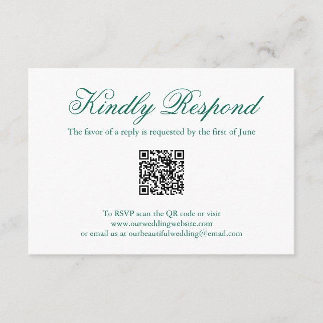 Cartão RSVP Casamento do Código QR Formal Verde Tradicional Em (Frente)