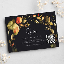 Cartão RSVP Casamento do Código QR Preto Floral Elegante