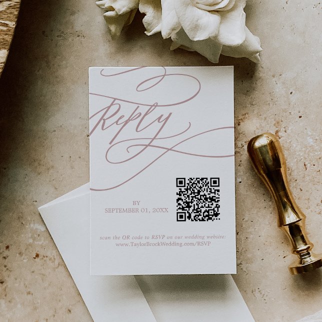 Cartão RSVP Casamento do Código QR Rosa-Rosa com Blush Calliog (Criador carregado)