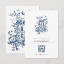 Cartão RSVP Casamento do Código QR Rustic Blue Toile De Jouy