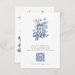 Cartão RSVP Casamento do Código QR Rustic Blue Toile De Jouy