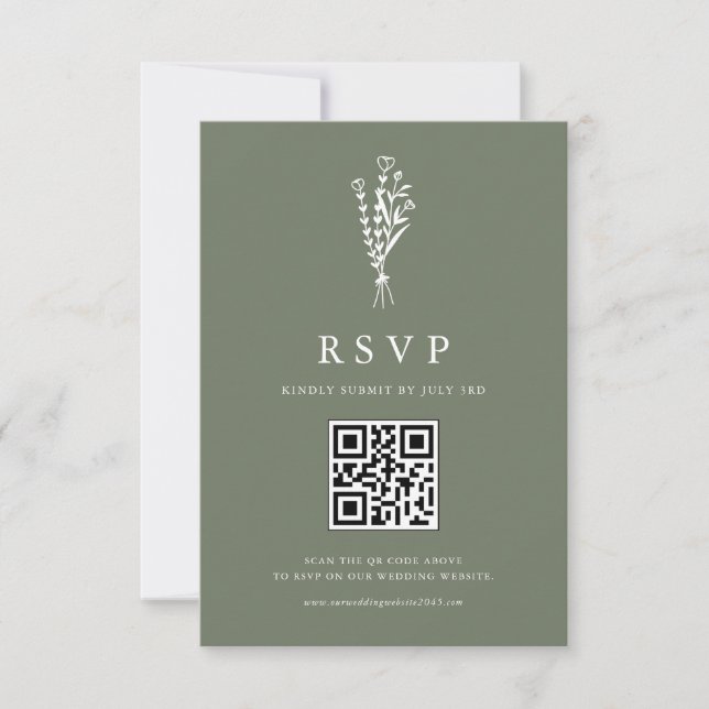 Cartão RSVP Casamento do Código QR Verde de Taupe Verde de Buq (Frente)