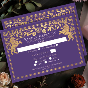Cartão RSVP Casamento do Leão Medieval Real Roxo