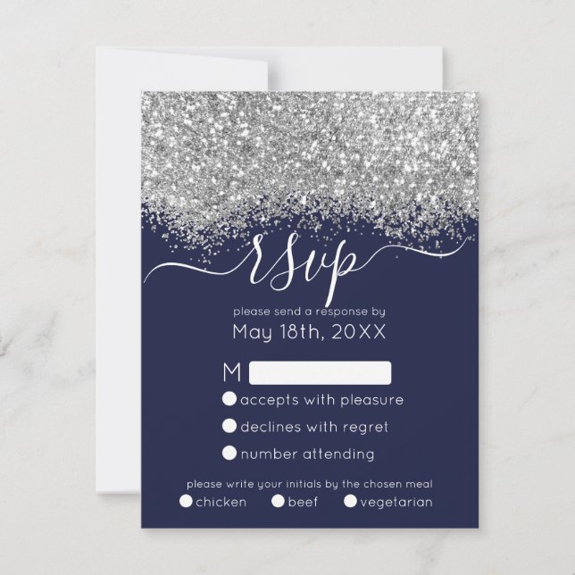 Cartão RSVP Casamento do Marinho de prata de luxo com Confetti (Frente)