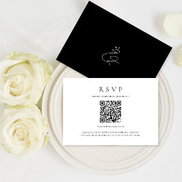 Cartão RSVP Casamento do Monograma do Código QR Branco e Preto