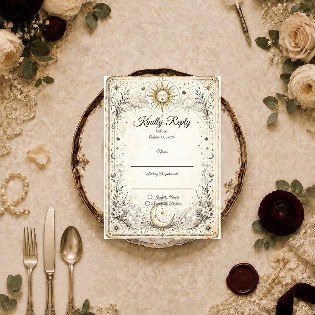 Cartão RSVP Casamento do Sol Lua Celestial Atemporal (Criador carregado)