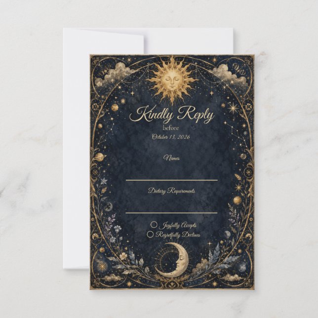 Cartão RSVP Casamento do Sol Lua Vintage Celestial (Frente)