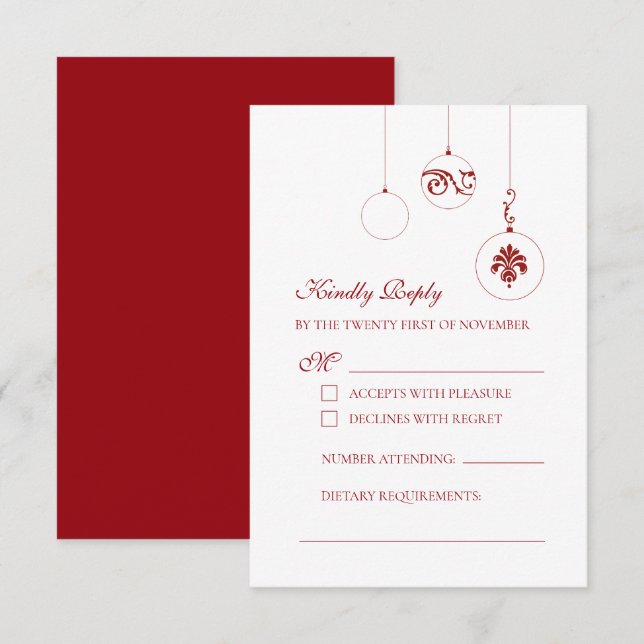 Cartão RSVP Casamento dos ornamentos de natal vermelho do inve (Frente/Verso)