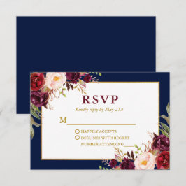 Cartão RSVP Casamento Dourado Azul de Borgonha Floral Elegante