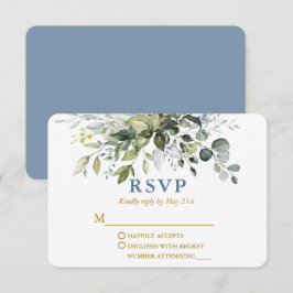 Cartão RSVP Casamento Dourado Azul e Dusty com Molercola Verde