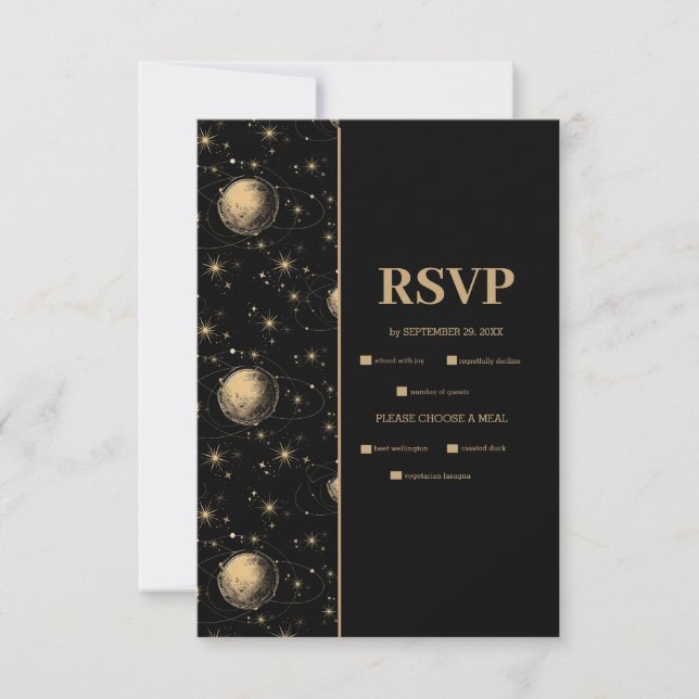 Cartão RSVP Casamento Dourado Celestial Místico Negro (Frente)
