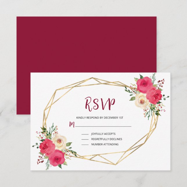 Cartão RSVP Casamento Dourado com Aquarela Geométrica Burgundy (Frente/Verso)