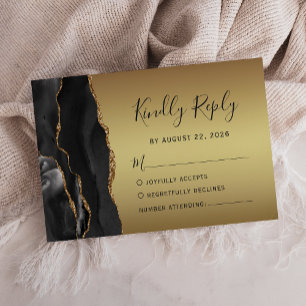 Cartão RSVP Casamento Dourado com Glam de Agato Negro Moderno