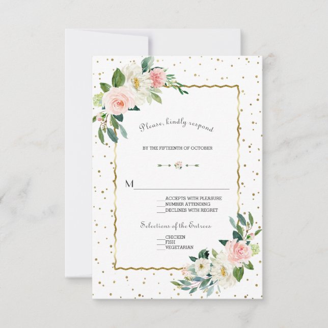 Cartão RSVP Casamento Dourado Com Lente-Lama Elegante Flores (Frente)