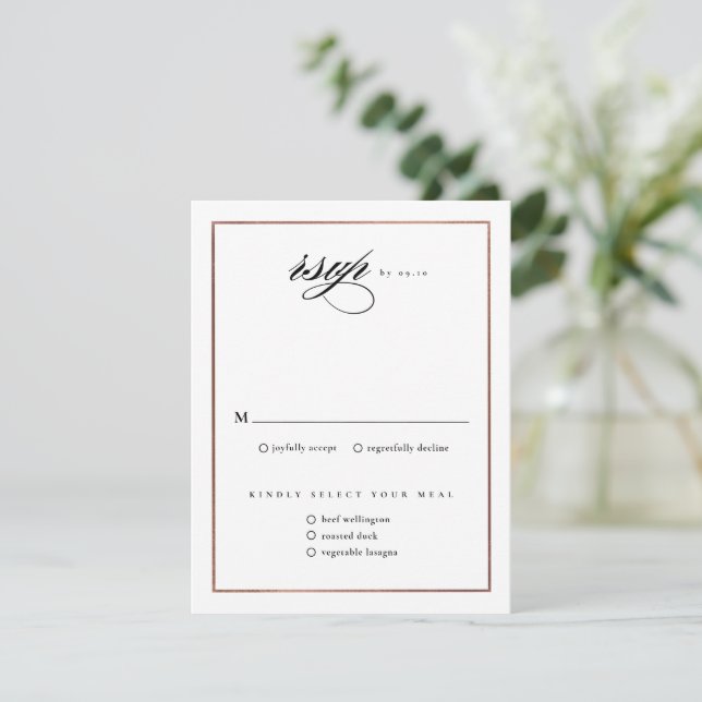 Cartão RSVP Casamento Dourado com Rosa de Script Elegante Clás (Em pé/Frente)