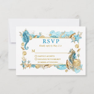 Cartão RSVP Casamento Dourado Costeiro de Coral com Costura de