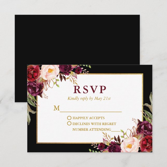 Cartão RSVP Casamento Dourado da Borgonha Floral Elegante (Frente/Verso)